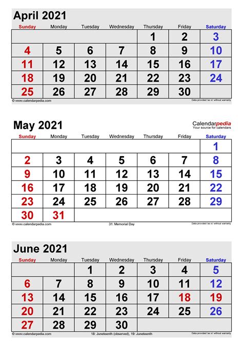 3 Month Calendar 2021 May June July